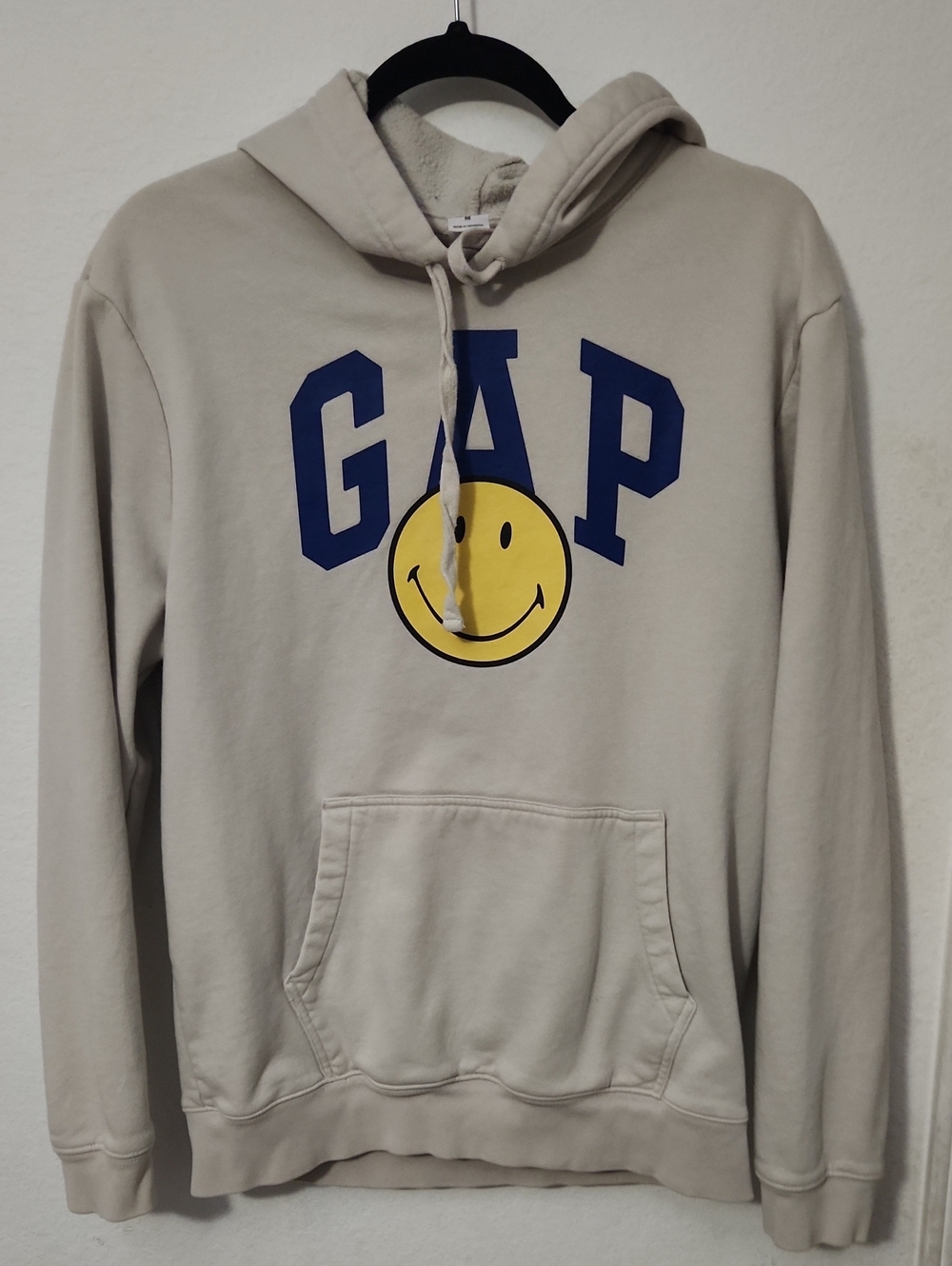 GAP Beige Hoodie with Blue Logo and Yellow Smiley Face